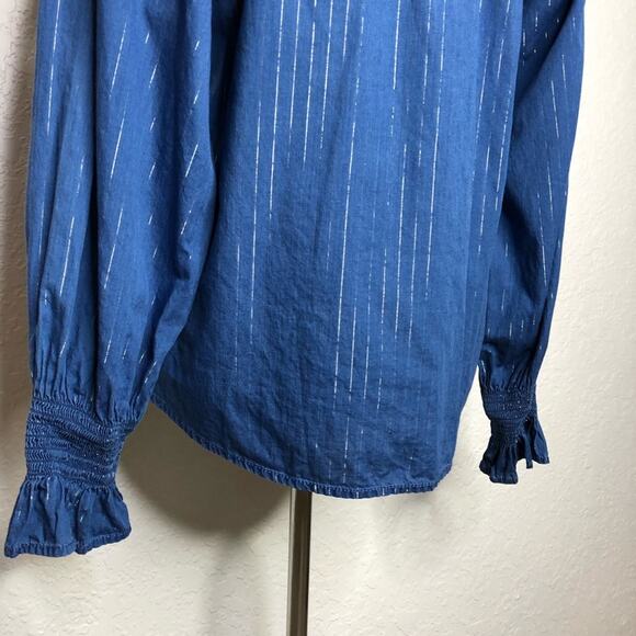 WHBM blue demin metallic striped ruffle trim top size Medium - Picture 10 of 12